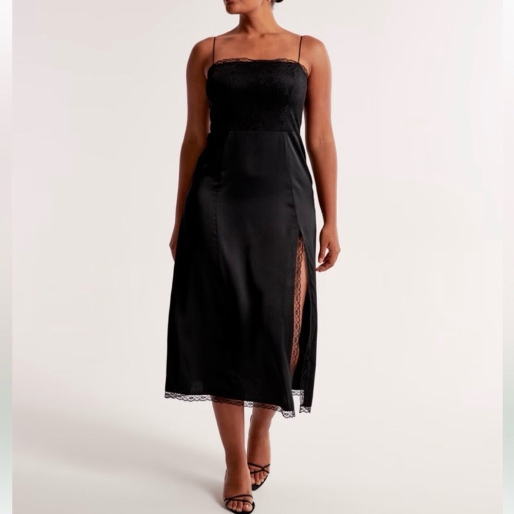 NWT Abercrombie & Fitch Black Satin Lace Midi Dress